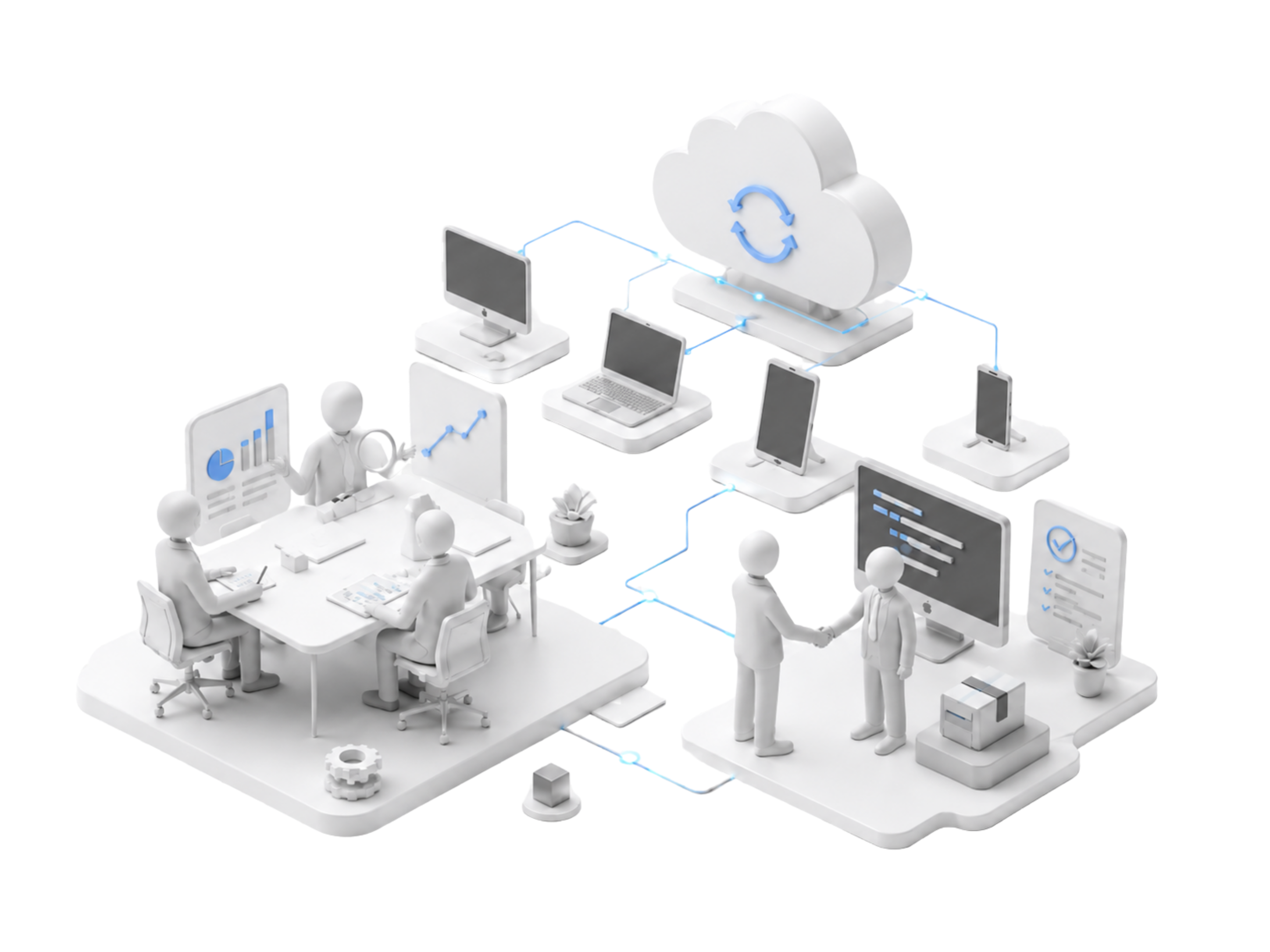 SaaS・カスタム開発・コンサルティングを組み合わせ、データ活用を運用できる形まで支援するClariveilのサービスを表現した3Dイラスト